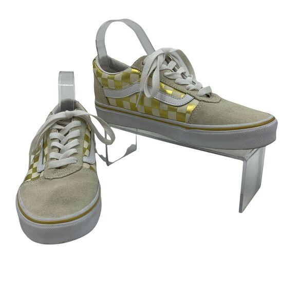 Vans Glossy Gold Checkered Sneakers Womens Size 7.5 Old Skool Low Top Skate Shoe - Picture 1 of 11